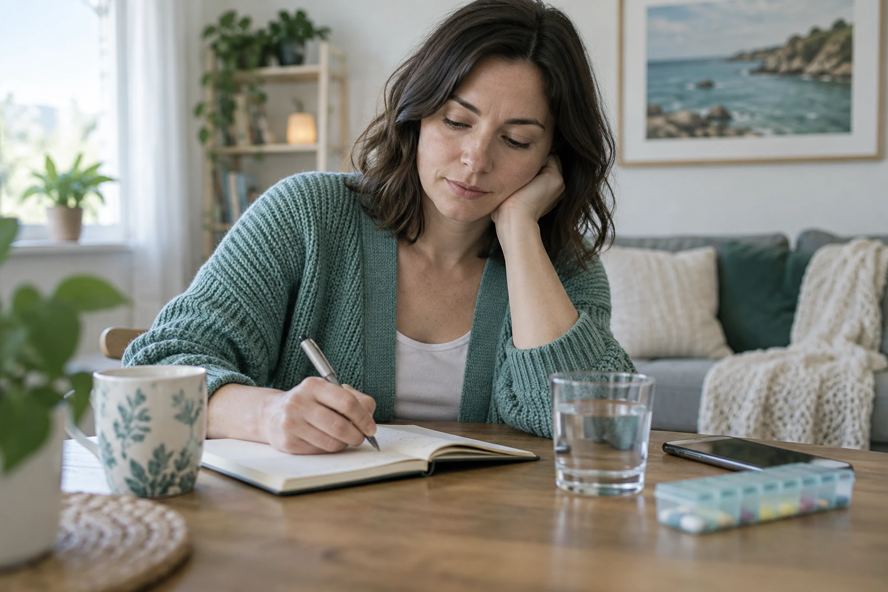 Woman recording sleep and medication effects in a home journal