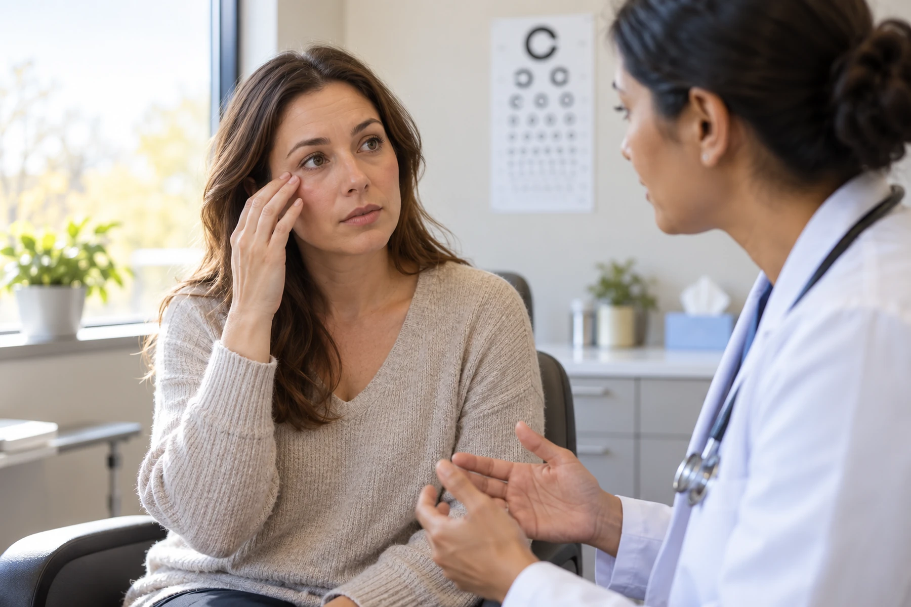 Patient discussing a new visual symptom with a clinician