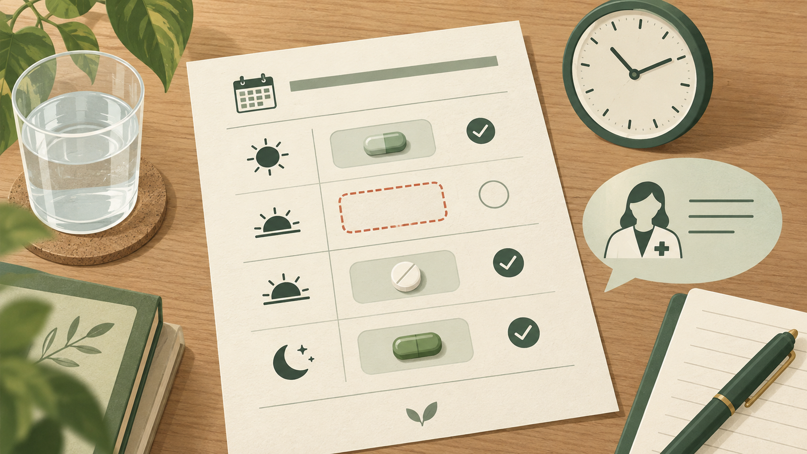 Calm medical illustration of a medication schedule with one missed dose and the next dose kept separate