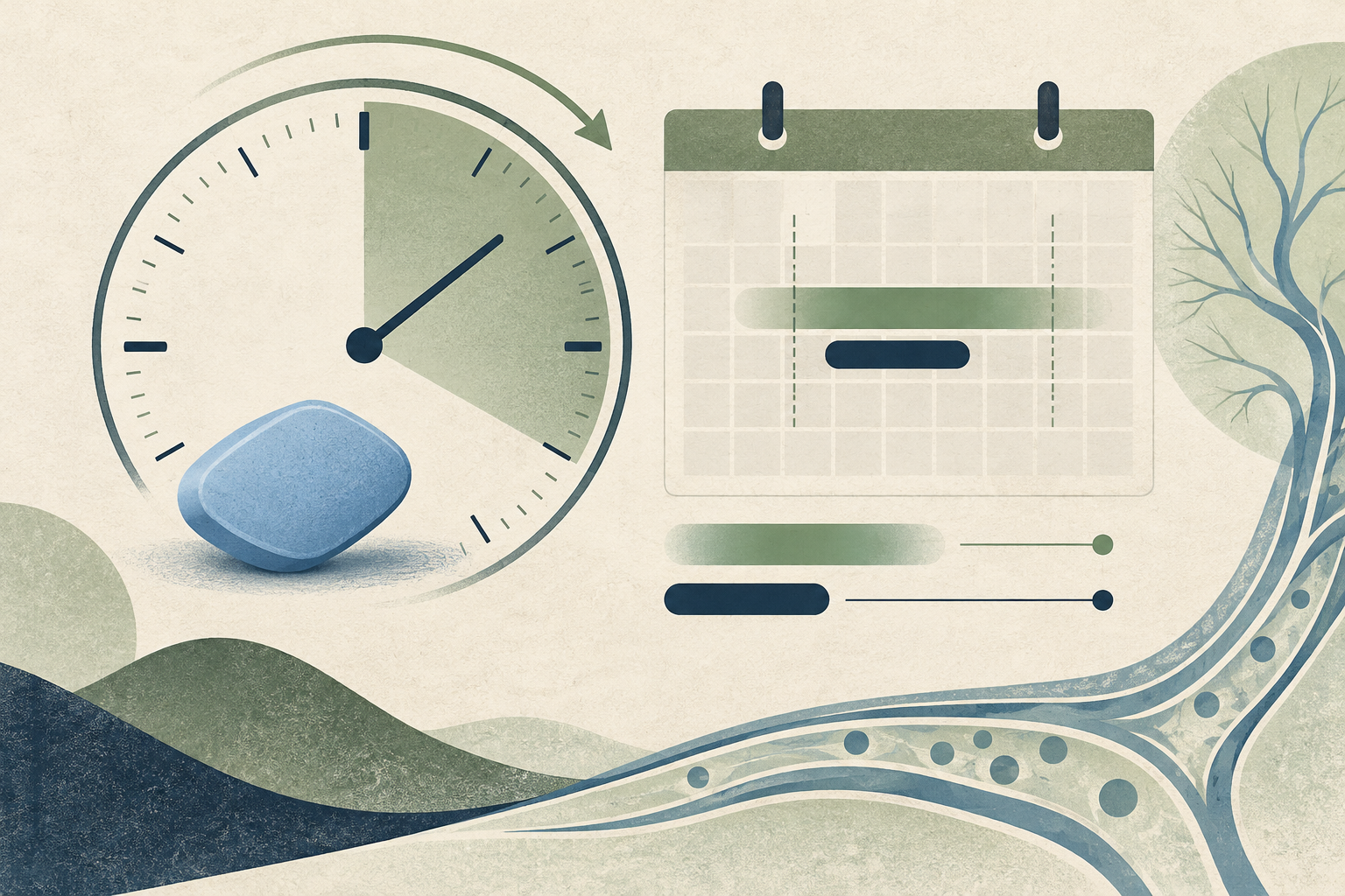 Editorial illustration of a clock, calendar, and tablet explaining sildenafil timing