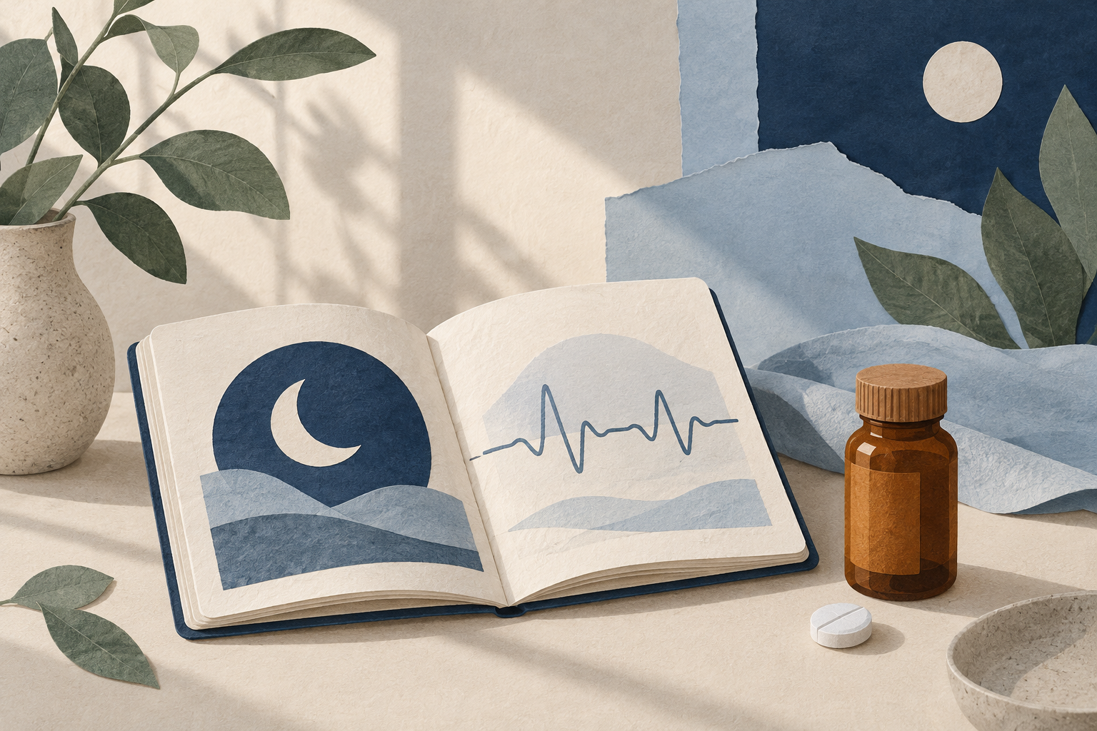 Paper collage linking sleep, mood and heart rhythm motifs around an unbranded citalopram tablet bottle.