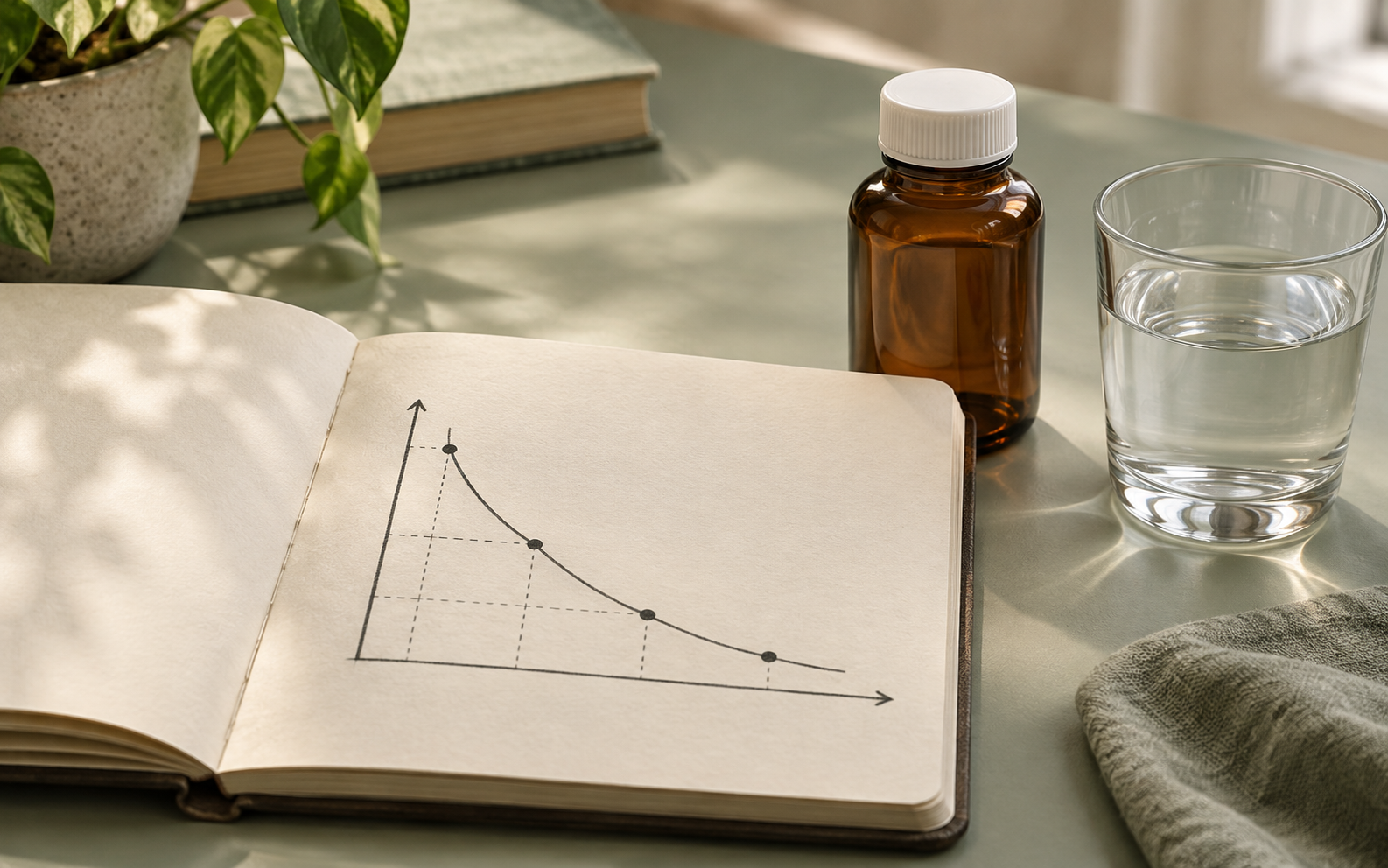 Illustrated medicine concentration curve falling by half across successive time intervals