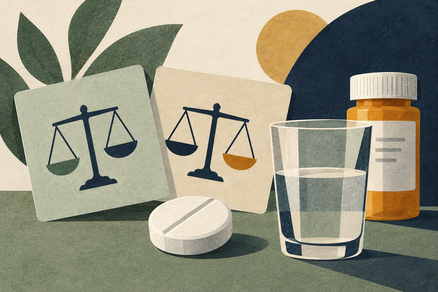 Editorial collage of metronidazole guidance, with a glass, balance scale, tablet and unbranded medicine bottle.