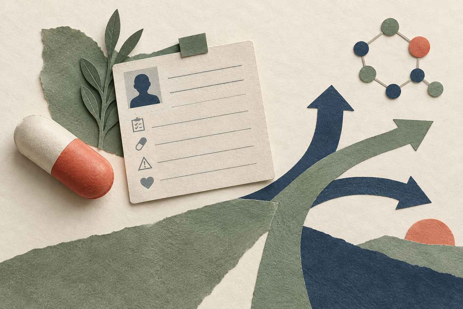 Editorial collage about penicillin-allergy history, with an unbranded capsule, blank medical history card and branching paths.