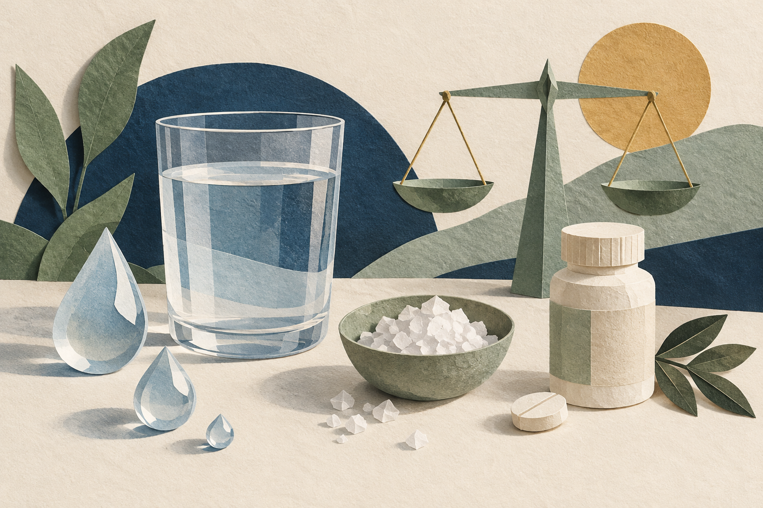 Editorial collage about furosemide fluid balance with water, droplets, salt crystals and an unbranded medicine bottle.
