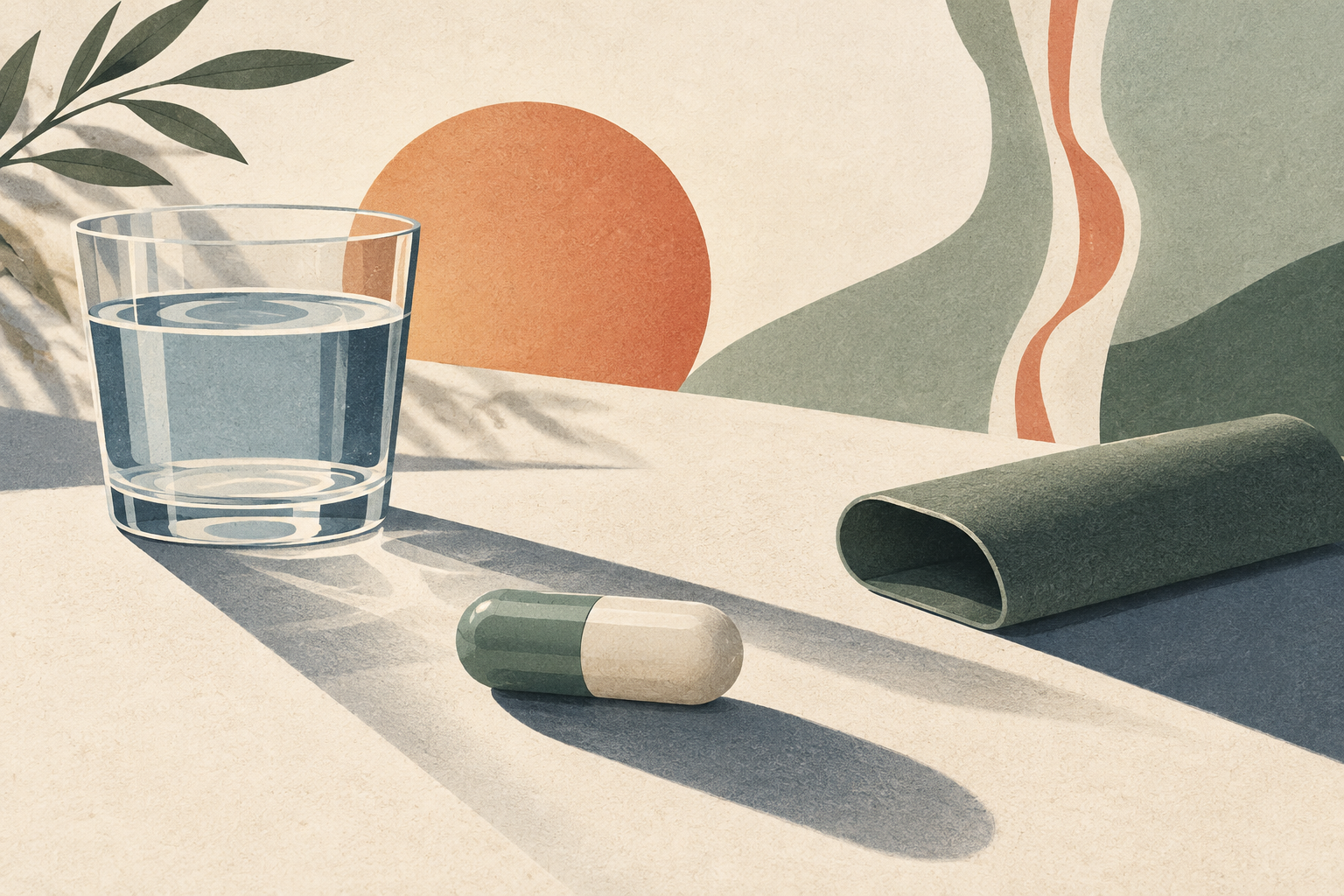 Editorial illustration of doxycycline sun sensitivity, with a water glass, sunlit paper layers and an unbranded tablet.
