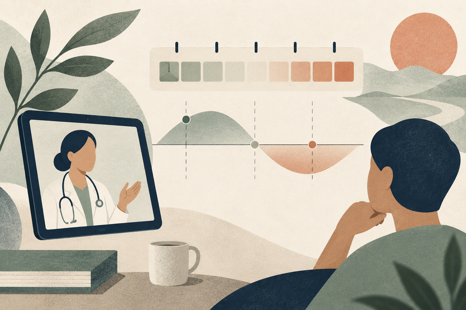Editorial collage of a prednisolone course, with a blank calendar, medication bottle and soft waveform motifs.