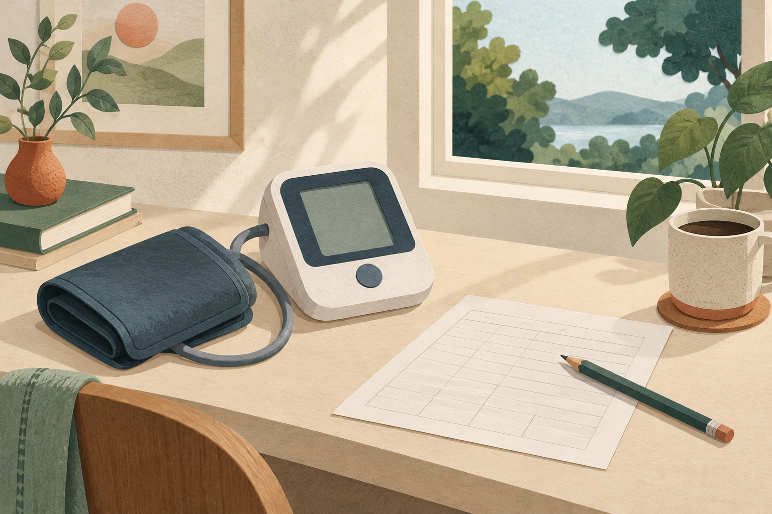 Cut-paper illustration of a home blood pressure monitor beside a reading log