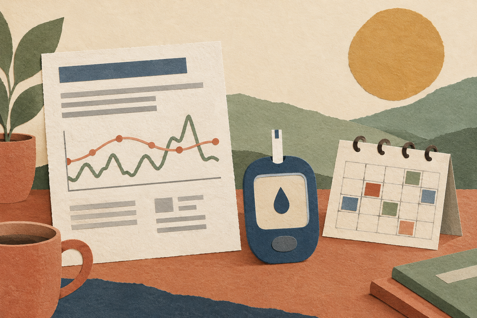 Layered paper illustration of a glucose meter beside a lab report and calendar, showing that A1C and fasting glucose measure different time windows.