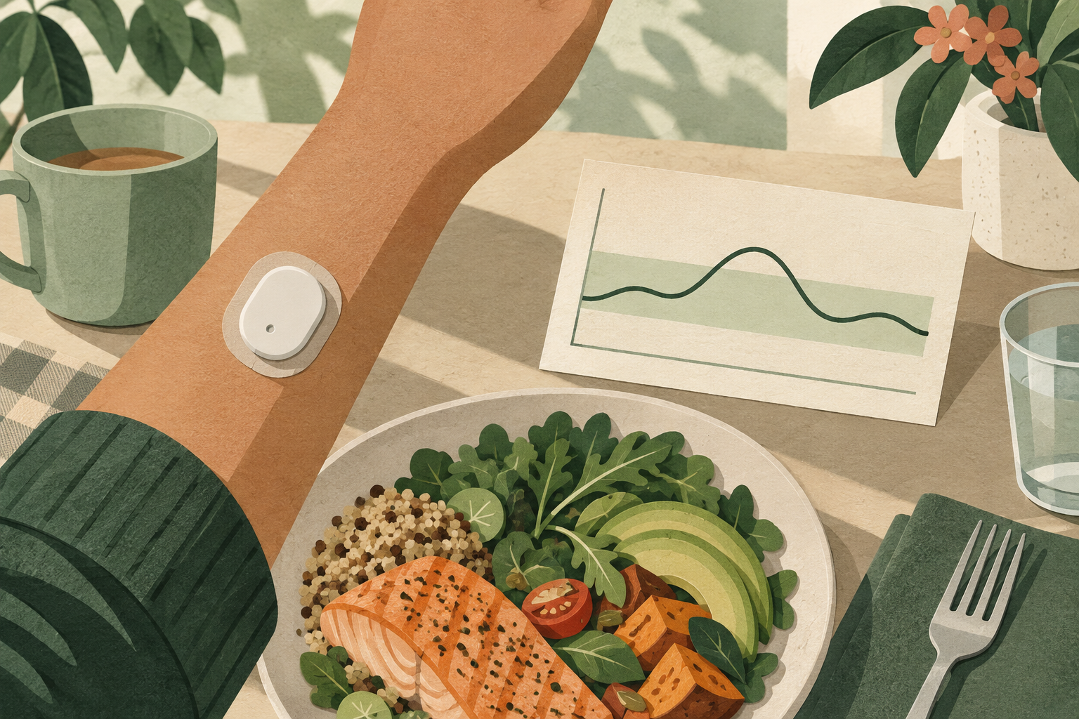 Cream-and-sage editorial collage: continuous glucose sensor, everyday meal, and a glucose trend chart