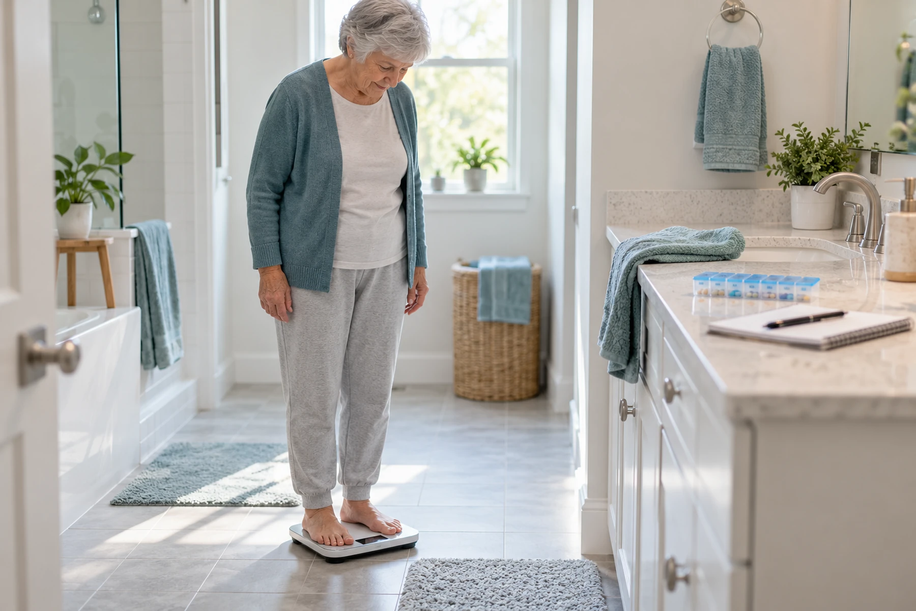 Older adult tracking weight as part of a medication routine at home