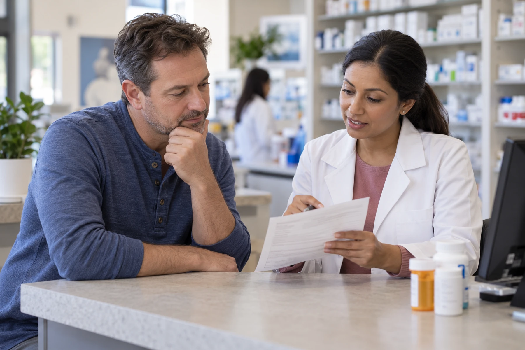 Patient and pharmacist reviewing a medication list together