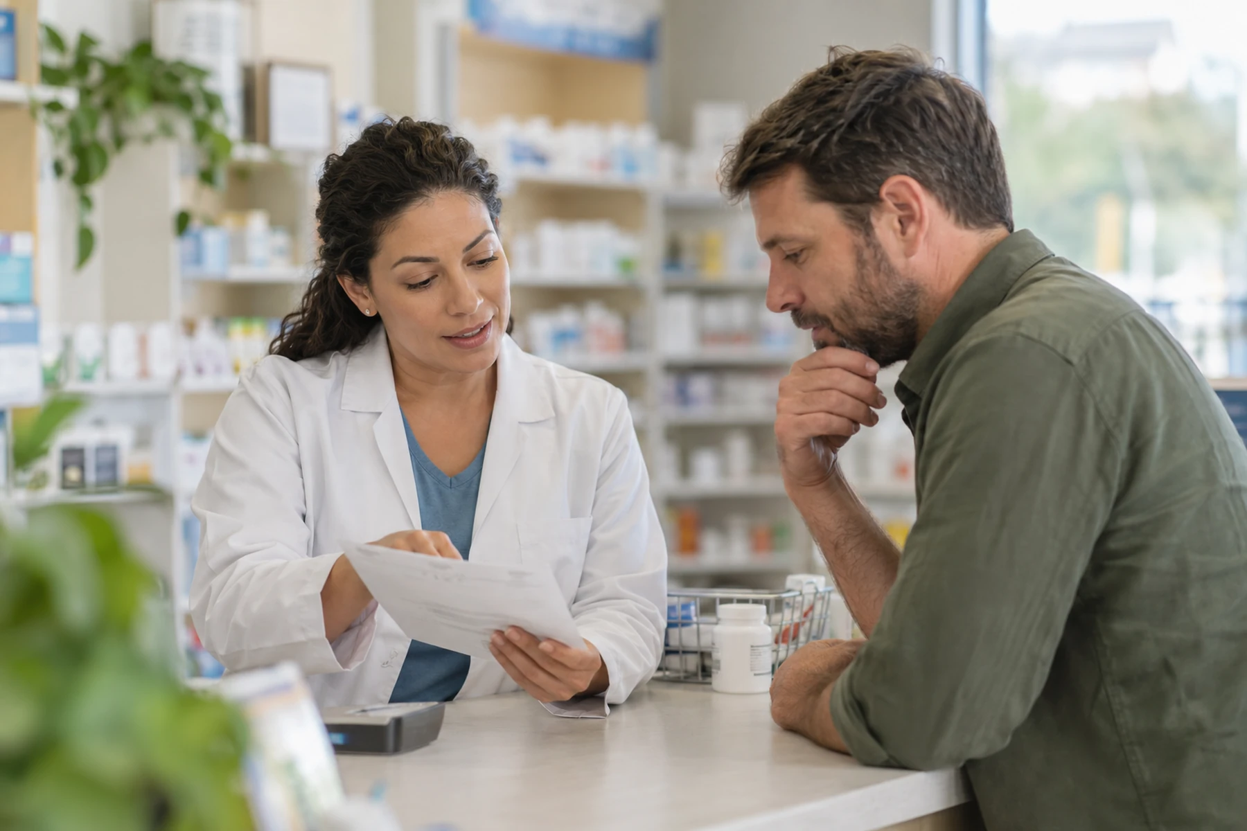 Pharmacist and patient reviewing a prescription medicine label