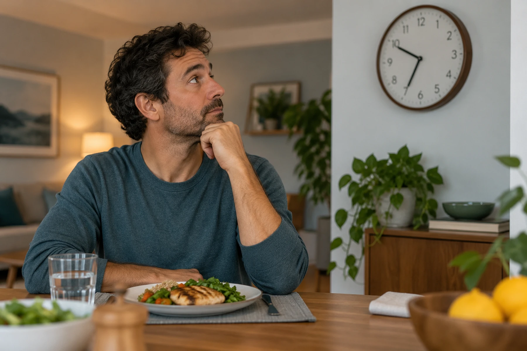 Adult checking the time before an ordinary evening meal