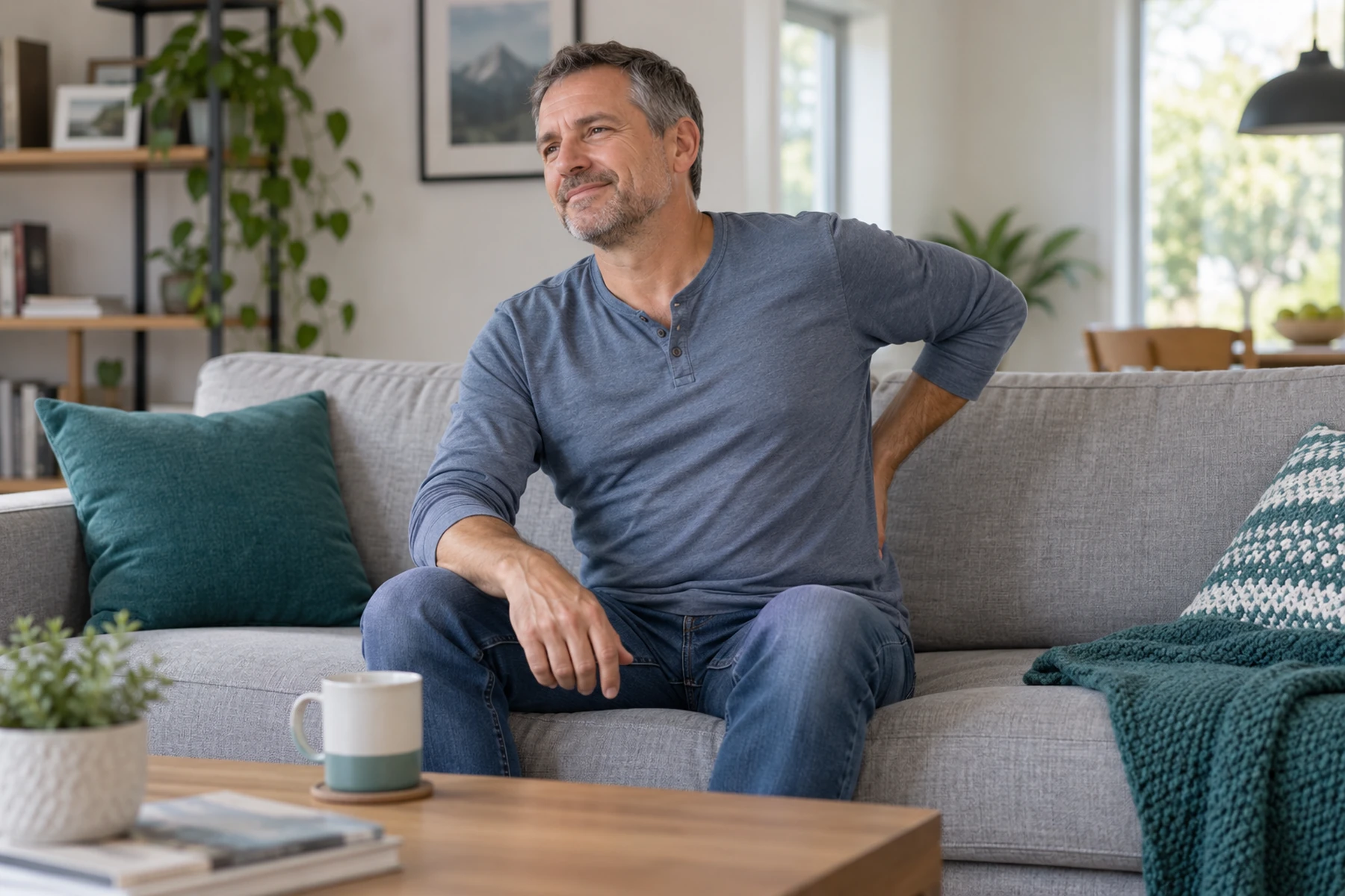Adult gently stretching his lower back at home