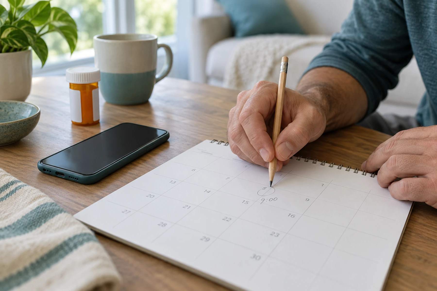 A patient marking a medication time on a simple calendar
